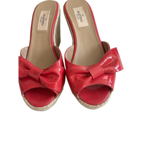 VALENTINO Pink Bow Patent Leather Espadrille Wedges Sandals Size 37.5 - Picture 7 of 10